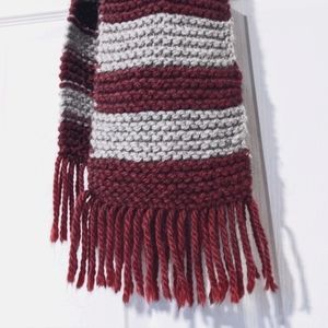 Handknit Burgundy Grey Cozy Chunky Knit Scarf, 7.5" x 72"